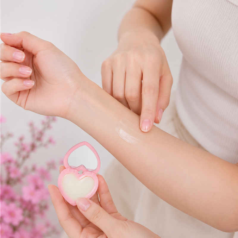 A wrist with the balm freshly applied.