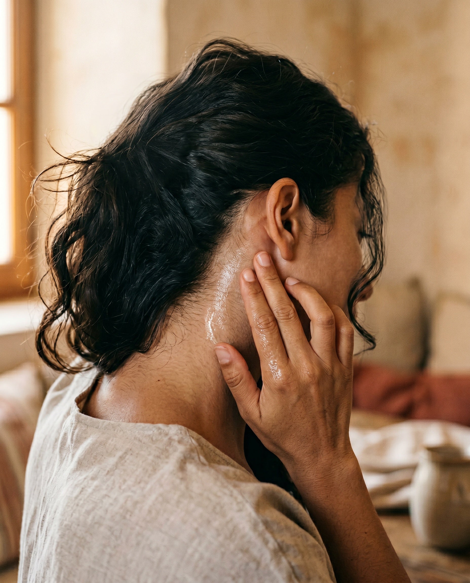 Applying balm just behind the ear.
